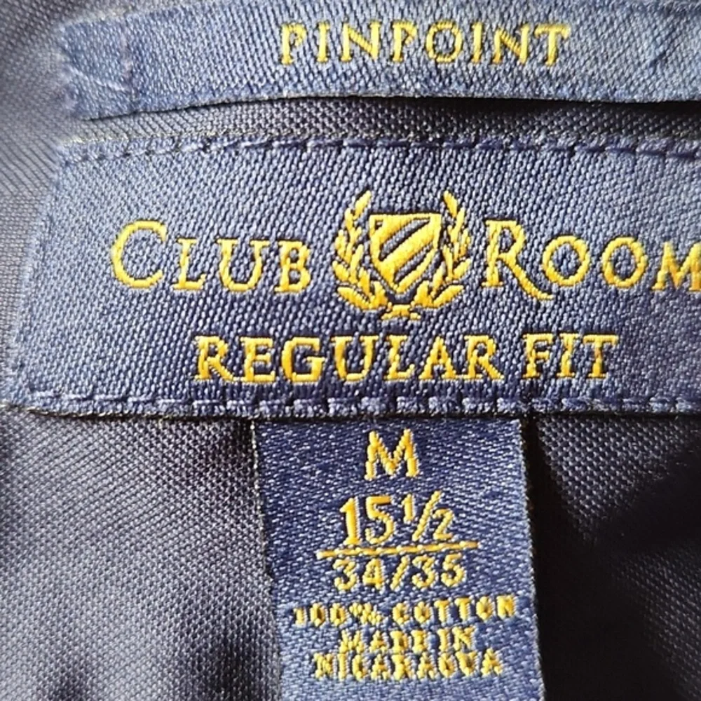 Club‎ Room Mens Pinpoint Regular Fit Dress Shirt Navy Blue 15.5 34/35 M Cotton